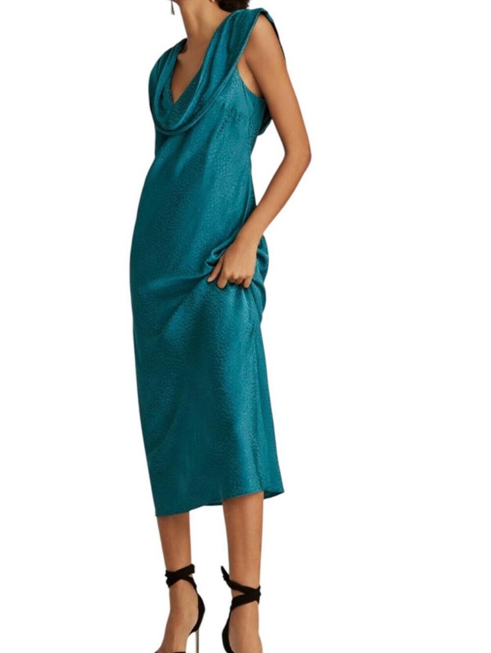 Anthropologie Maeve Cowl Neck Slip Tie Back Teal Midi Dress
